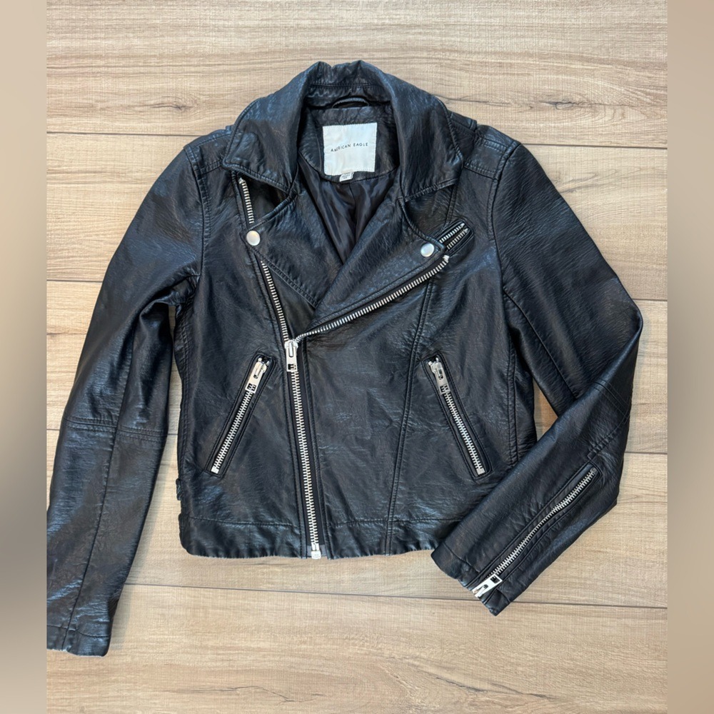 American Eagle faux Leather Jacket Womens small‎ back fall biker Y2K Moto Grunge - Picture 3 of 5